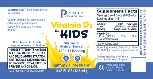 Vitamin D3 For KIDS, Premier full label