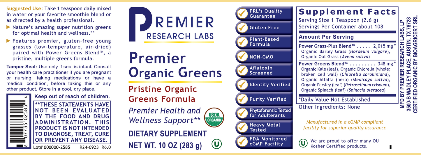 Organic Greens, Premier (Powder) full label