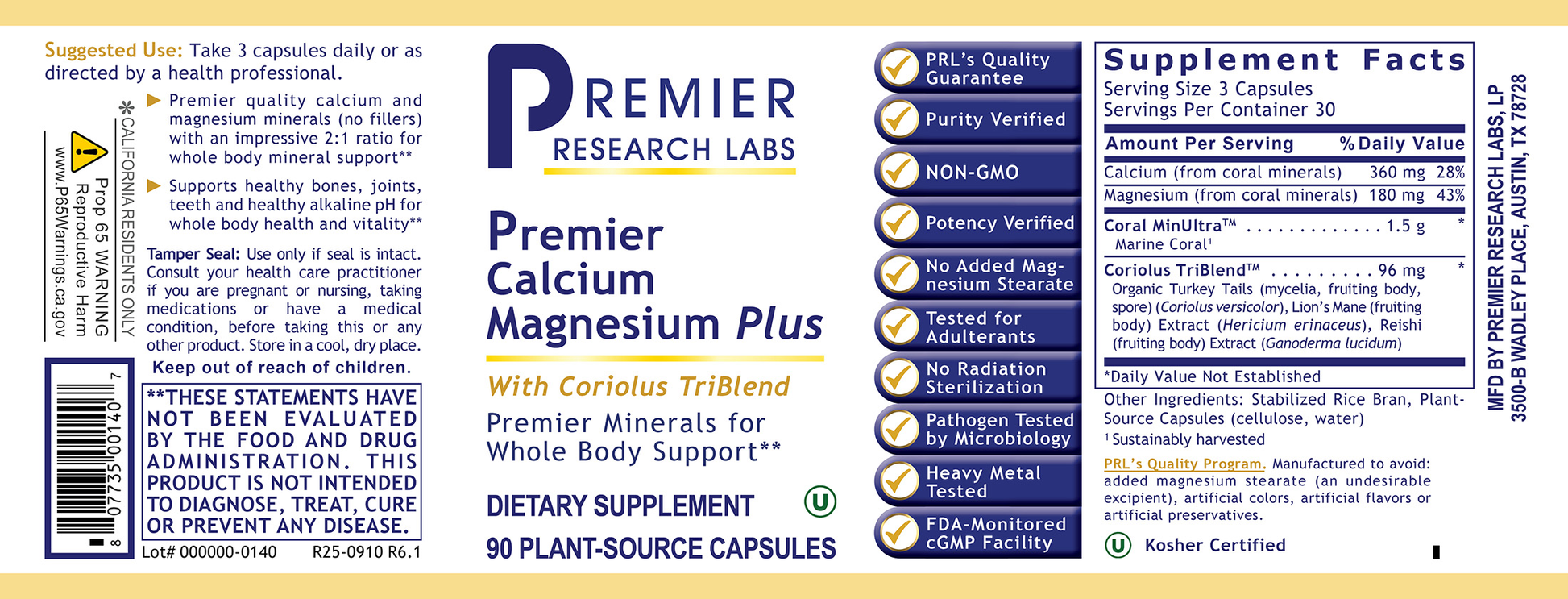 Calcium Magnesium Plus, Premier (90 caps) full label