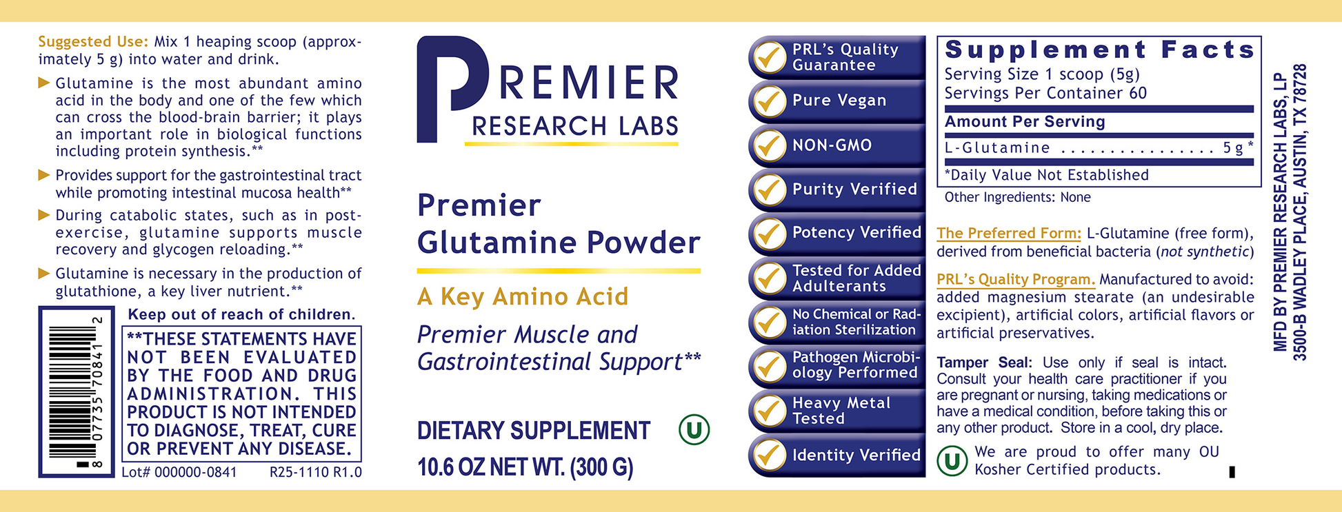 Glutamine Powder, Premier full label
