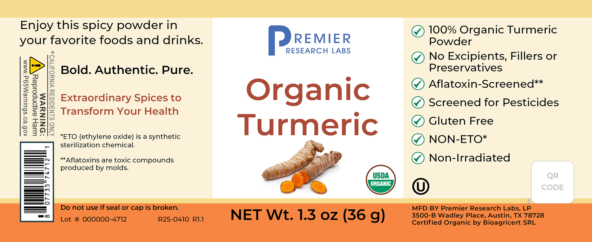 Organic Turmeric Spice Powder full label